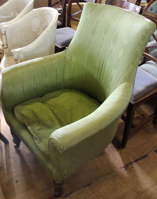 Early 19th century upholstered armchair, scroll arms, in a green moire fabric